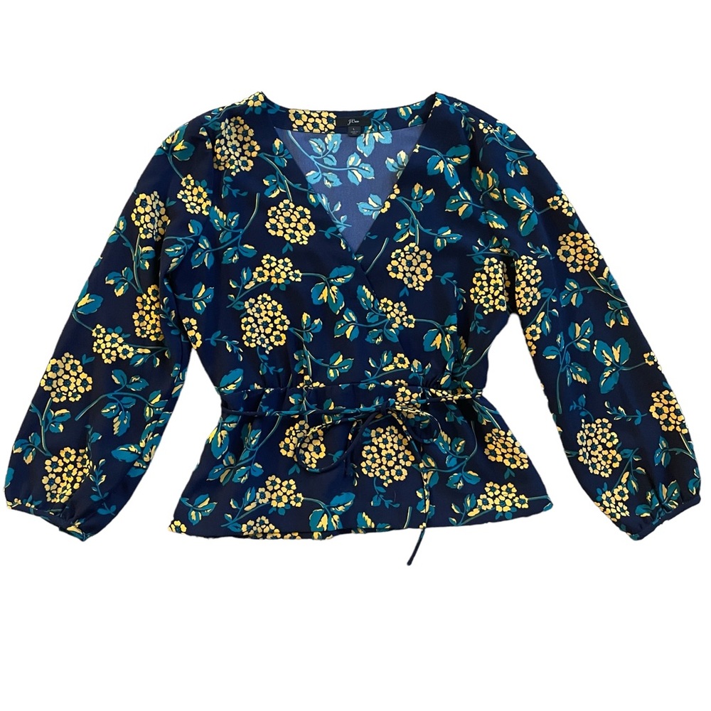 J. Crew Navy Floral Wrap Blouse with Yellow and Teal Accents